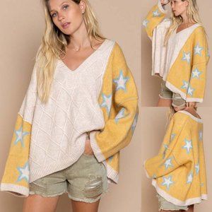 NEW POL Dandelion Blue Star Diamond Knit Color Block V Neck Oversized Sw…